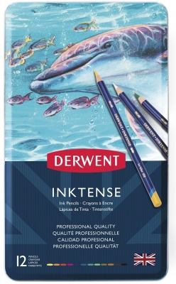 Creioane colorate Derwent Professional Inktense, cutie metalica, solubile in apa, 12 culori/set
